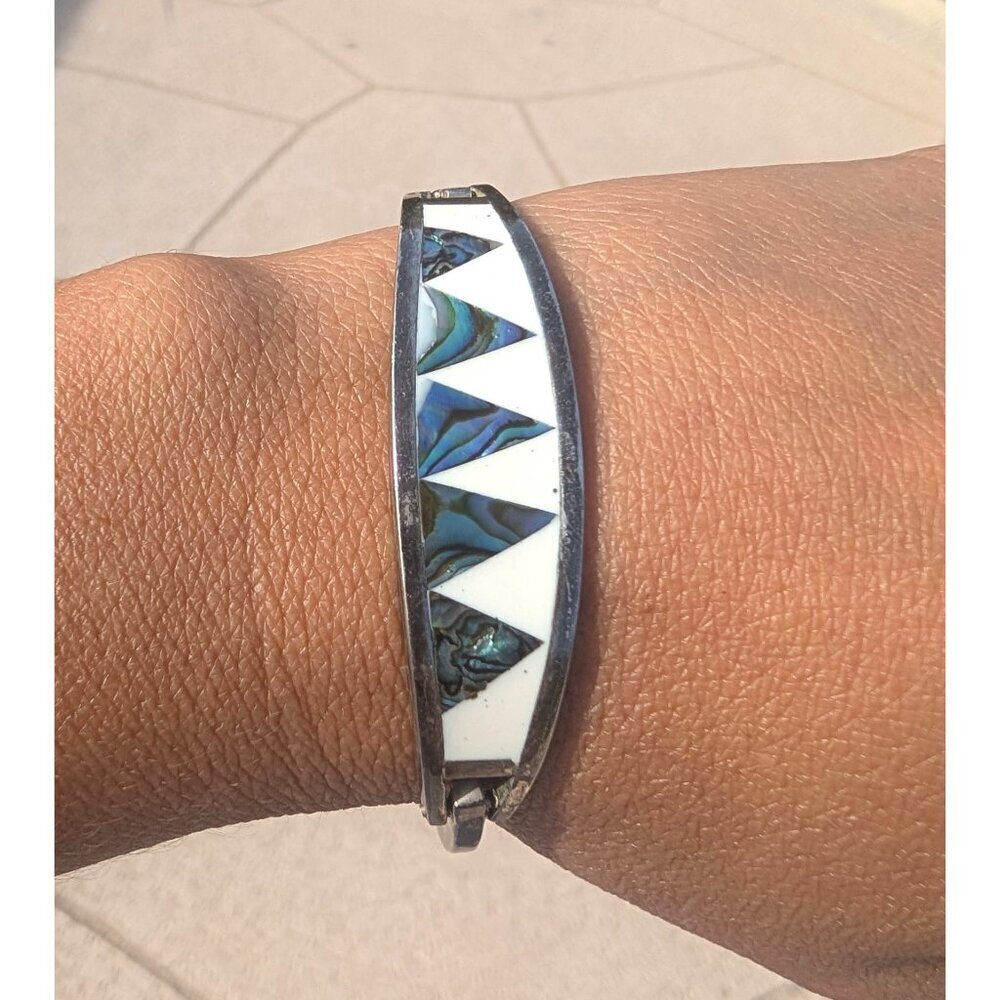 Vtg Mexican Bracelet Alpaca Silver Cuff Abalone & mother pearl inlay handmade
